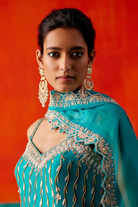 Aman Takyar_Green Organza, Silk Cut Work, Pearls, Sequins, Floral Kurta Sharara Set _at_Aza_Fashions