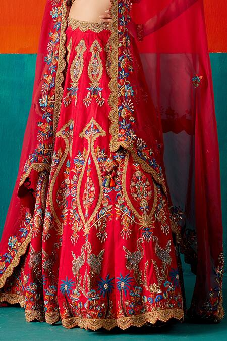Aman Takyar_Red Silk, Organza Cut Work, Sequins, Floral Thread Bridal Lehenga Set _Online_at_Aza_Fashions