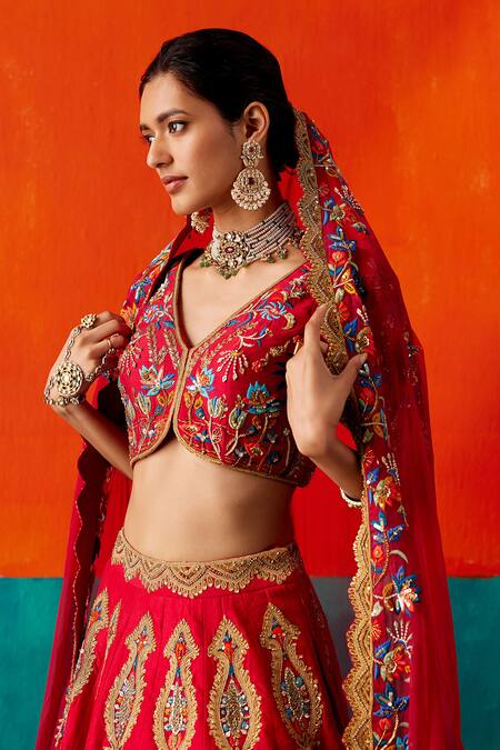 Buy_Aman Takyar_Red Silk, Organza Cut Work, Sequins, Floral Thread Bridal Lehenga Set _Online_at_Aza_Fashions