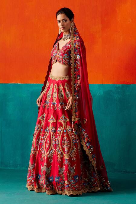 Shop_Aman Takyar_Red Silk, Organza Cut Work, Sequins, Floral Thread Bridal Lehenga Set _Online_at_Aza_Fashions