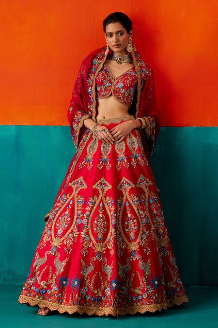 Aman Takyar_Red Silk, Organza Cut Work, Sequins, Floral Thread Bridal Lehenga Set _at_Aza_Fashions