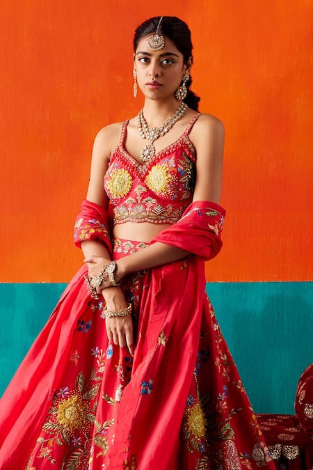 Aman Takyar_Red Organza, Silk Sequins, Beads, Sunflower Applique Bridal Lehenga Set _Online_at_Aza_Fashions