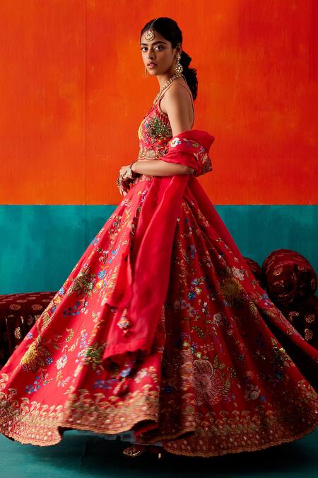 Buy_Aman Takyar_Red Organza, Silk Sequins, Beads, Sunflower Applique Bridal Lehenga Set _Online_at_Aza_Fashions