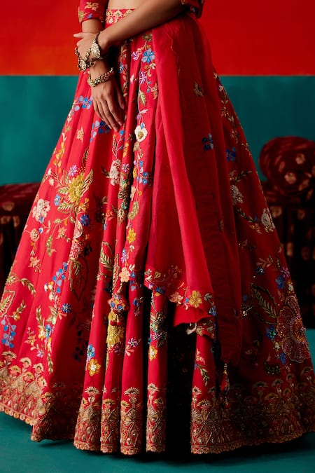 Shop_Aman Takyar_Red Organza, Silk Sequins, Beads, Sunflower Applique Bridal Lehenga Set _Online_at_Aza_Fashions
