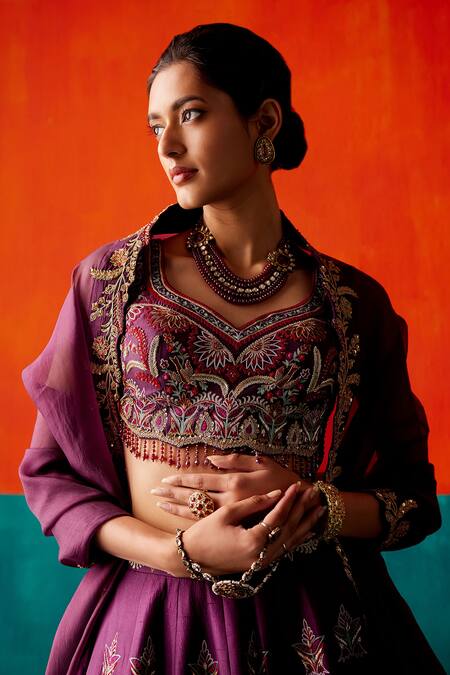 Buy_Aman Takyar_Purple Organza, Silk Tassels, Sequins, Beads, Drop Bridal Lehenga Set _Online_at_Aza_Fashions