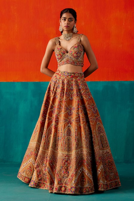 Aman Takyar Orange Dupion Silk Embroidery Pearl Bridal Lehenga Set With Scalloped Blouse 