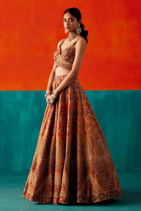 Aman Takyar Orange Silk, Organza Embroidered Bridal Lehenga Set With Scalloped Blouse Online at Aza Fashions Aman Takyar_Orange Silk, Organza Embroidered Bridal Lehenga Set With Scalloped Blouse _Online_at_Aza_Fashions