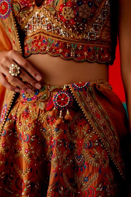 Shop Aman Takyar Orange Silk, Organza Embroidered Bridal Lehenga Set With Scalloped Blouse Online at Aza Fashions Shop_Aman Takyar_Orange Silk, Organza Embroidered Bridal Lehenga Set With Scalloped Blouse _Online_at_Aza_Fashions