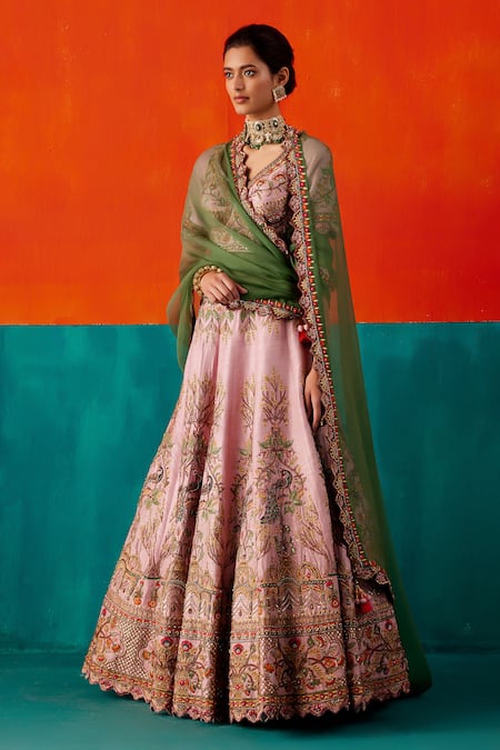 Buy_Aman Takyar_Purple Organza, Silk Sequins, Pearls, Cut Peacock Embroidered Bridal Lehenga Set _Online_at_Aza_Fashions