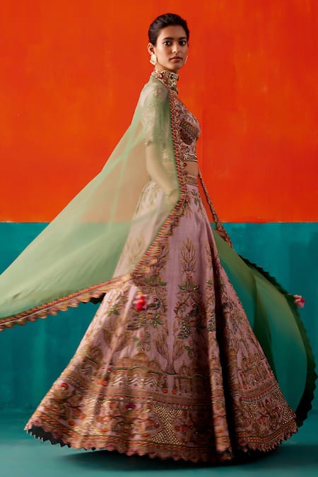 Shop_Aman Takyar_Purple Organza, Silk Sequins, Pearls, Cut Peacock Embroidered Bridal Lehenga Set _Online_at_Aza_Fashions