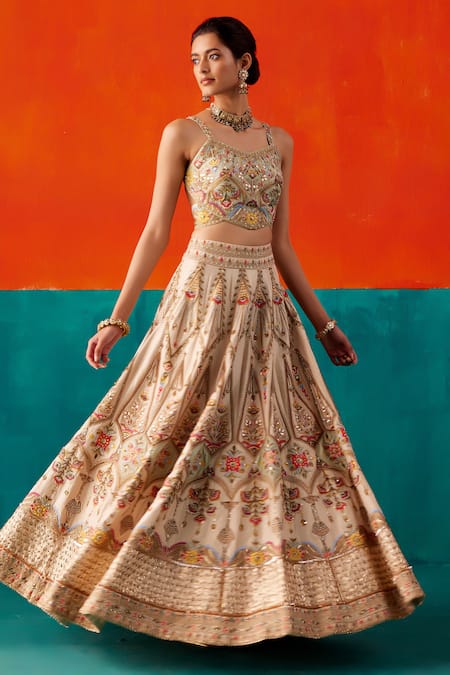 Shop_Aman Takyar_Ivory Organza, Silk Cut Work, Pearls, Hand Embroidered Bridal Lehenga Set _at_Aza_Fashions