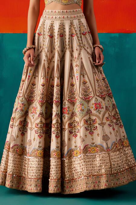 Buy_Aman Takyar_Ivory Organza, Silk Cut Work, Pearls, Hand Embroidered Bridal Lehenga Set _Online_at_Aza_Fashions