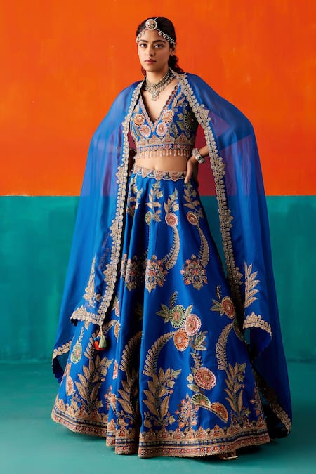 Aman Takyar Blue Dupion Silk Embroidery Sequin V Neck Bead Drop Tassel Bridal Lehenga Set