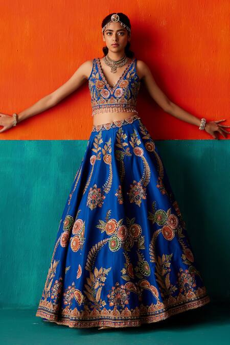 Aman Takyar_Blue Organza, Silk Cut Work, Sequins, Drop Tassel Embroidered Bridal Lehenga Set _Online_at_Aza_Fashions