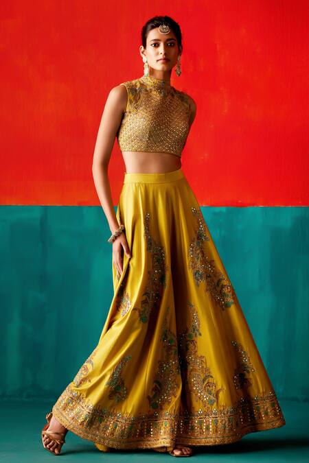 Shop Aman Takyar Green Organza, Silk Sequins, Pearls, Embroidery High Sharara Set With Blouse Online at Aza Fashions Shop_Aman Takyar_Green Organza, Silk Sequins, Pearls, Embroidery High Sharara Set With Blouse _Online_at_Aza_Fashions