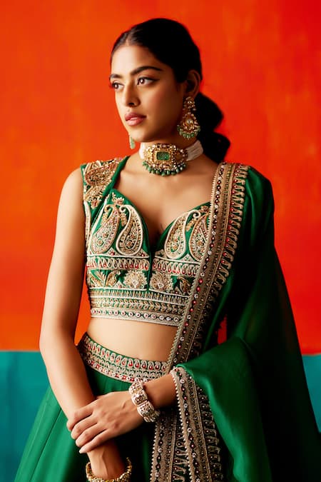 Women's Dark Green Faux Georgette Lehenga Set - Odette – Trendia