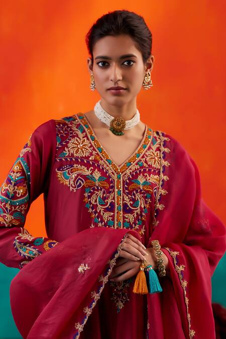 Buy Aman Takyar Wine Organza, Silk Sequins, Pearls, Cut Work, Embroidery Floral Kurta Pant Set Online at Aza Fashions Buy_Aman Takyar_Wine Organza, Silk Sequins, Pearls, Cut Work, Embroidery Floral Kurta Pant Set _Online_at_Aza_Fashions