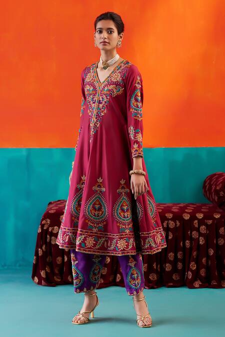 Shop Aman Takyar Wine Organza, Silk Sequins, Pearls, Cut Work, Embroidery Floral Kurta Pant Set Online at Aza Fashions Shop_Aman Takyar_Wine Organza, Silk Sequins, Pearls, Cut Work, Embroidery Floral Kurta Pant Set _Online_at_Aza_Fashions