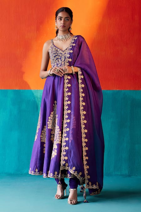Aman Takyar Purple Dupion Silk Embroidery Sequin V Neck Scallop Hem Anarkali Pant Set