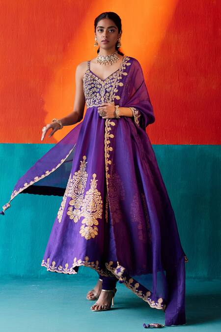 Shop Aman Takyar Purple Organza, Silk Cut Work, Embroidery, Pearls, Scallop Hem Anarkali Pant Set Online at Aza Fashions Shop_Aman Takyar_Purple Organza, Silk Cut Work, Embroidery, Pearls, Scallop Hem Anarkali Pant Set _Online_at_Aza_Fashions