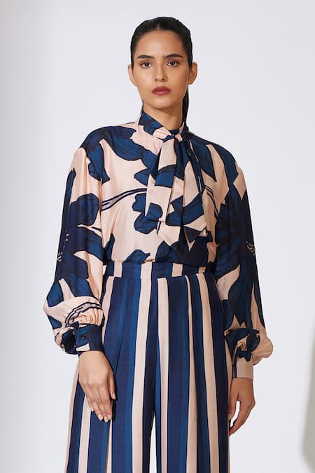 Koai_Beige Cotton, Silk Embroidery Collared Floral Bow-tie Shirt _at_Aza_Fashions