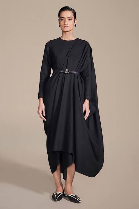 Shop Ampm Black Wool Embroidery Cord Pre-draped Saree Online at Aza Fashions Shop_Ampm_Black Wool Embroidery Cord Pre-draped Saree _Online_at_Aza_Fashions