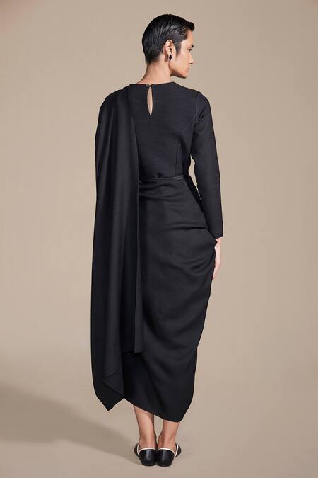 Ampm Black Wool Embroidery Cord Pre-draped Saree at Aza Fashions Ampm_Black Wool Embroidery Cord Pre-draped Saree _at_Aza_Fashions