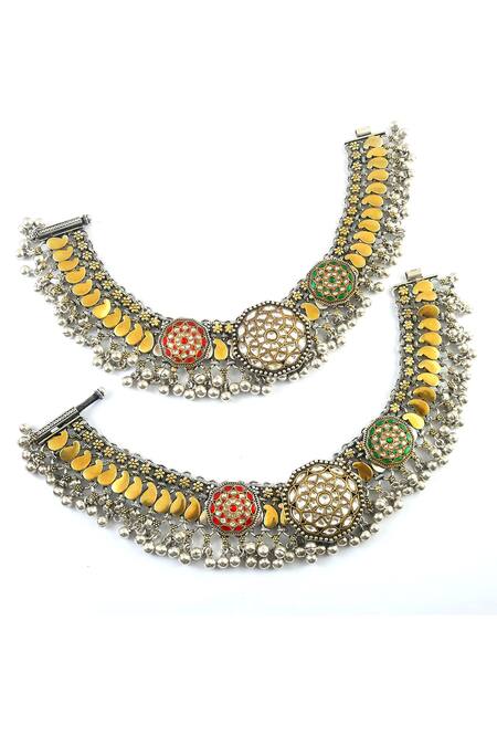 Noor_Silver Plated Imitation Diamonds Kundan Studded Jadau Anklets- Set Of 2_Online_at_Aza_Fashions