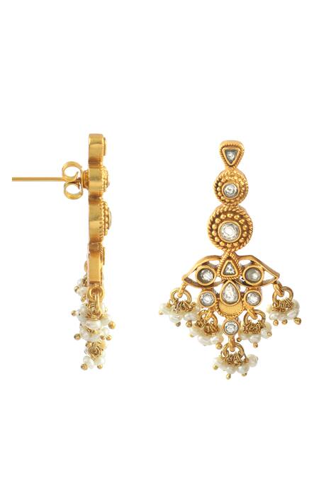 Noor_Gold Plated Diamonds, Stones Floral Drop Jadau Earrings_Online_at_Aza_Fashions