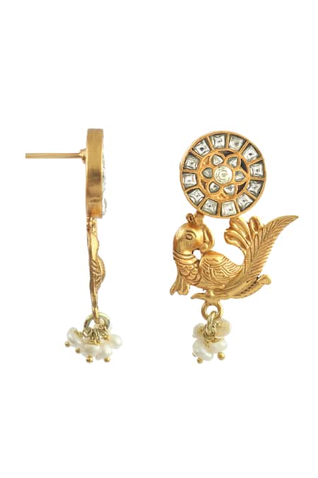 Noor_Gold Plated Gota Patti Kundan Studded Carved Bird Earrings_Online_at_Aza_Fashions