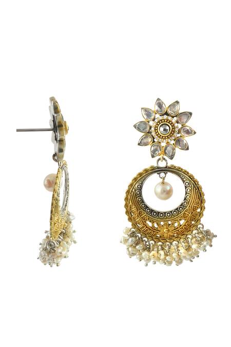 Noor_Gold Plated Pearls, Zari Silver Carved Zircon Studded Chandbali Earrings_Online_at_Aza_Fashions
