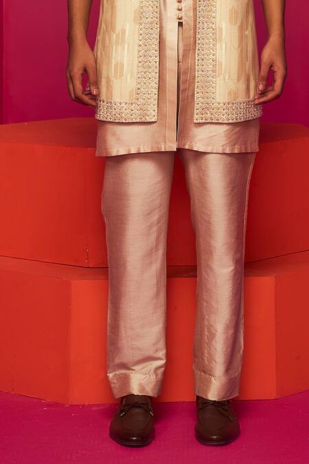 Krisha Sunny Ramani_Ivory Crepe, Cotton, Silk Embroidery, Beads, Geometric Print Bundi And Kurta Set _Online_at_Aza_Fashions