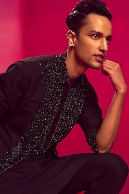 Buy_Krisha Sunny Ramani_Black Crepe, Cotton, Silk Cut Work, Beads Bundi And Kurta Set _Online_at_Aza_Fashions