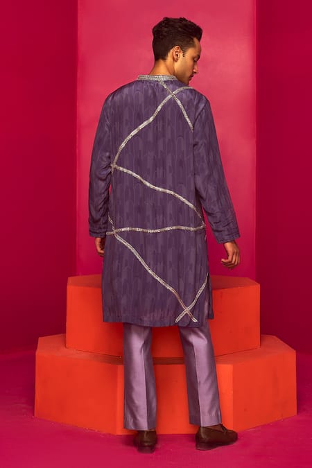 Shop Krisha Sunny Ramani Purple Crepe Printed Geometric Stripe Placement Embroidered Kurta Set at Aza Fashions Shop_Krisha Sunny Ramani_Purple Crepe Printed Geometric Stripe Placement Embroidered Kurta Set _at_Aza_Fashions