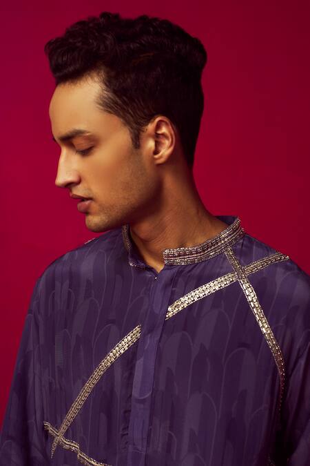 Buy Krisha Sunny Ramani Purple Crepe Printed Geometric Stripe Placement Embroidered Kurta Set Online at Aza Fashions Buy_Krisha Sunny Ramani_Purple Crepe Printed Geometric Stripe Placement Embroidered Kurta Set _Online_at_Aza_Fashions