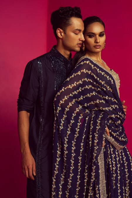 Shop Krisha Sunny Ramani Blue Crepe Embroidered Bead Sequin Placement Kurta Set Online at Aza Fashions Shop_Krisha Sunny Ramani_Blue Crepe Embroidered Bead Sequin Placement Kurta Set _Online_at_Aza_Fashions