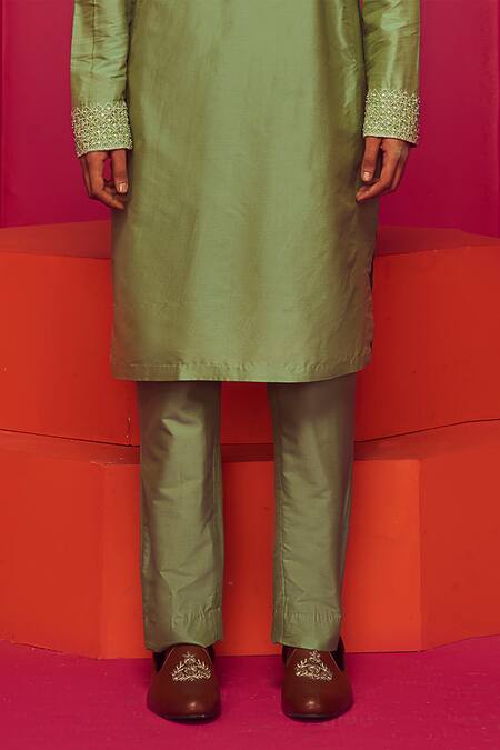 Krisha Sunny Ramani Green Cotton Silk Embroidered Glass Bead Placement Kurta Set Online at Aza Fashions Krisha Sunny Ramani_Green Cotton Silk Embroidered Glass Bead Placement Kurta Set _Online_at_Aza_Fashions