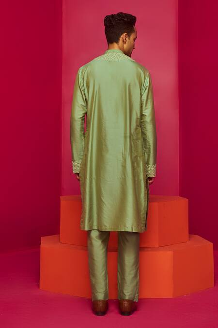 Shop Krisha Sunny Ramani Green Cotton Silk Embroidered Glass Bead Placement Kurta Set at Aza Fashions Shop_Krisha Sunny Ramani_Green Cotton Silk Embroidered Glass Bead Placement Kurta Set _at_Aza_Fashions