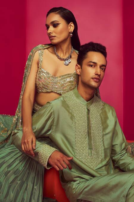 Shop Krisha Sunny Ramani Green Cotton Silk Embroidered Glass Bead Placement Kurta Set Online at Aza Fashions Shop_Krisha Sunny Ramani_Green Cotton Silk Embroidered Glass Bead Placement Kurta Set _Online_at_Aza_Fashions