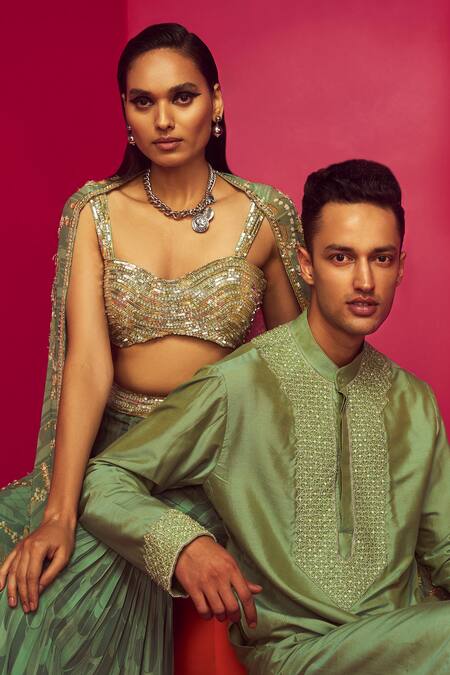 Krisha Sunny Ramani Green Cotton Silk Embroidered Glass Bead Placement Kurta Set at Aza Fashions Krisha Sunny Ramani_Green Cotton Silk Embroidered Glass Bead Placement Kurta Set _at_Aza_Fashions