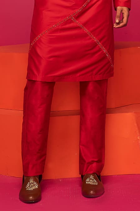 Krisha Sunny Ramani Red Cotton Silk Embroidered Bead Kurta Set Online at Aza Fashions Krisha Sunny Ramani_Red Cotton Silk Embroidered Bead Kurta Set _Online_at_Aza_Fashions