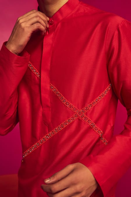 Buy Krisha Sunny Ramani Red Cotton Silk Embroidered Bead Kurta Set Online at Aza Fashions Buy_Krisha Sunny Ramani_Red Cotton Silk Embroidered Bead Kurta Set _Online_at_Aza_Fashions
