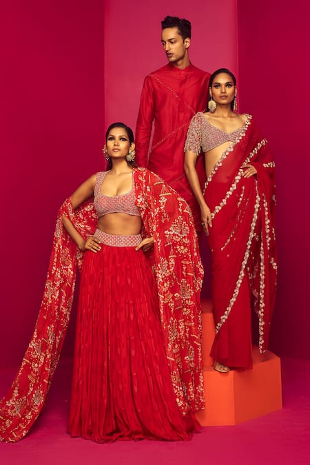 Shop Krisha Sunny Ramani Red Cotton Silk Embroidered Bead Kurta Set Online at Aza Fashions Shop_Krisha Sunny Ramani_Red Cotton Silk Embroidered Bead Kurta Set _Online_at_Aza_Fashions