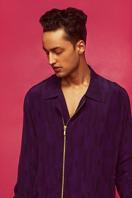 Buy Krisha Sunny Ramani Purple Crepe Printed Geometric Zipper Kurta Set Online at Aza Fashions Buy_Krisha Sunny Ramani_Purple Crepe Printed Geometric Zipper Kurta Set _Online_at_Aza_Fashions