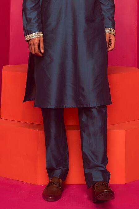 Krisha Sunny Ramani Blue Cotton Silk Embroidered Cutdana Yoke Kurta Set Online at Aza Fashions Krisha Sunny Ramani_Blue Cotton Silk Embroidered Cutdana Yoke Kurta Set _Online_at_Aza_Fashions