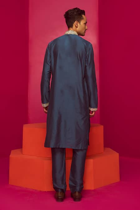 Shop Krisha Sunny Ramani Blue Cotton Silk Embroidered Cutdana Yoke Kurta Set at Aza Fashions Shop_Krisha Sunny Ramani_Blue Cotton Silk Embroidered Cutdana Yoke Kurta Set _at_Aza_Fashions