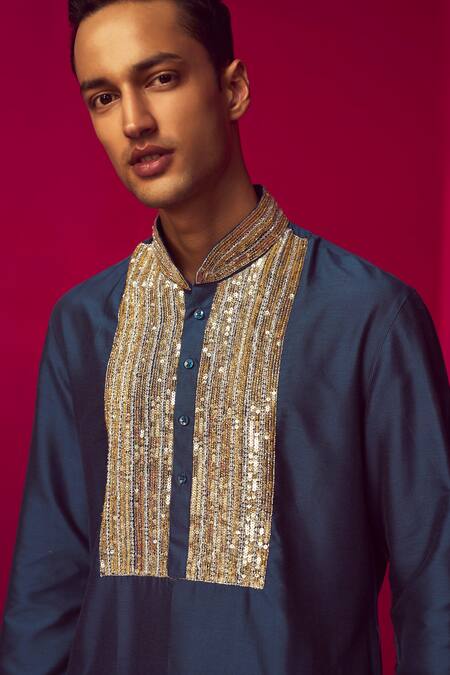 Buy Krisha Sunny Ramani Blue Cotton Silk Embroidered Cutdana Yoke Kurta Set Online at Aza Fashions Buy_Krisha Sunny Ramani_Blue Cotton Silk Embroidered Cutdana Yoke Kurta Set _Online_at_Aza_Fashions