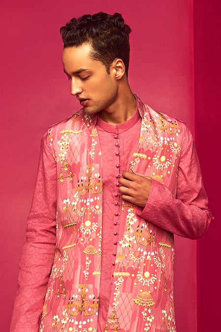 Krisha Sunny Ramani Pink Chanderi, Cotton Embroidery, Chains Print Bundi And Kurta Set Online at Aza Fashions Krisha Sunny Ramani_Pink Chanderi, Cotton Embroidery, Chains Print Bundi And Kurta Set _Online_at_Aza_Fashions