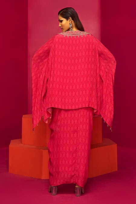Shop Krisha Sunny Ramani Fuchsia Crepe Beads, Sequins, Crystals Geometric Print Kurta And Dhoti Skirt Set at Aza Fashions Shop_Krisha Sunny Ramani_Fuchsia Crepe Beads, Sequins, Crystals Geometric Print Kurta And Dhoti Skirt Set _at_Aza_Fashions