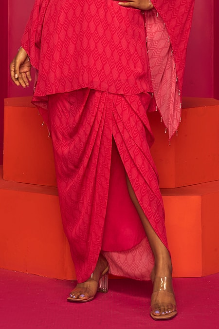 Krisha Sunny Ramani Fuchsia Crepe Beads, Sequins, Crystals Geometric Print Kurta And Dhoti Skirt Set Online at Aza Fashions Krisha Sunny Ramani_Fuchsia Crepe Beads, Sequins, Crystals Geometric Print Kurta And Dhoti Skirt Set _Online_at_Aza_Fashions
